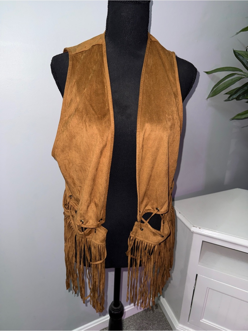 Taylor & Sage Suede-Look Fringe Vest in Cognac Brown